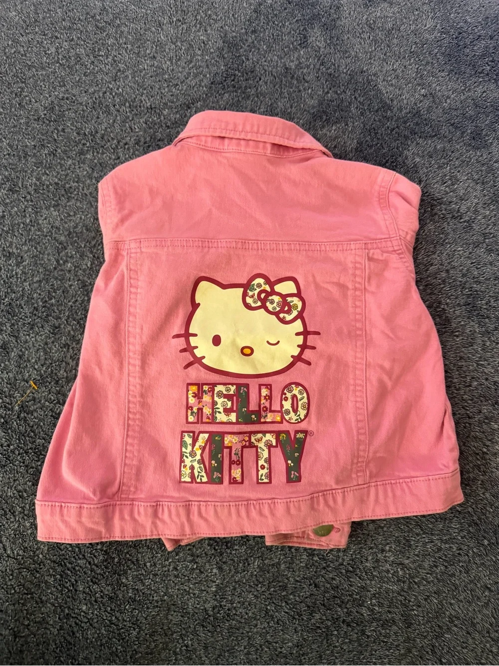 Hello Kitty Pink Denim Jean Jacket with Floral Bow and Mushroom Patch Girls Size